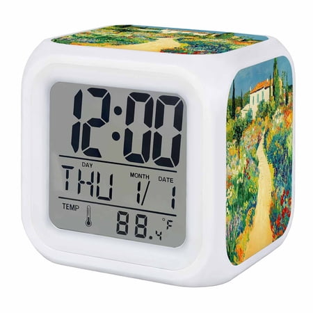 Country Farm Digital Alarm Clock for Bedrooms, Smart LED Alarm Clock with 7 Color Changing Night Light, Farmhouse Pastoral Floral Leaves House Silent Wake Up Clocks for Sleep Study Cooking 3.2x3.2