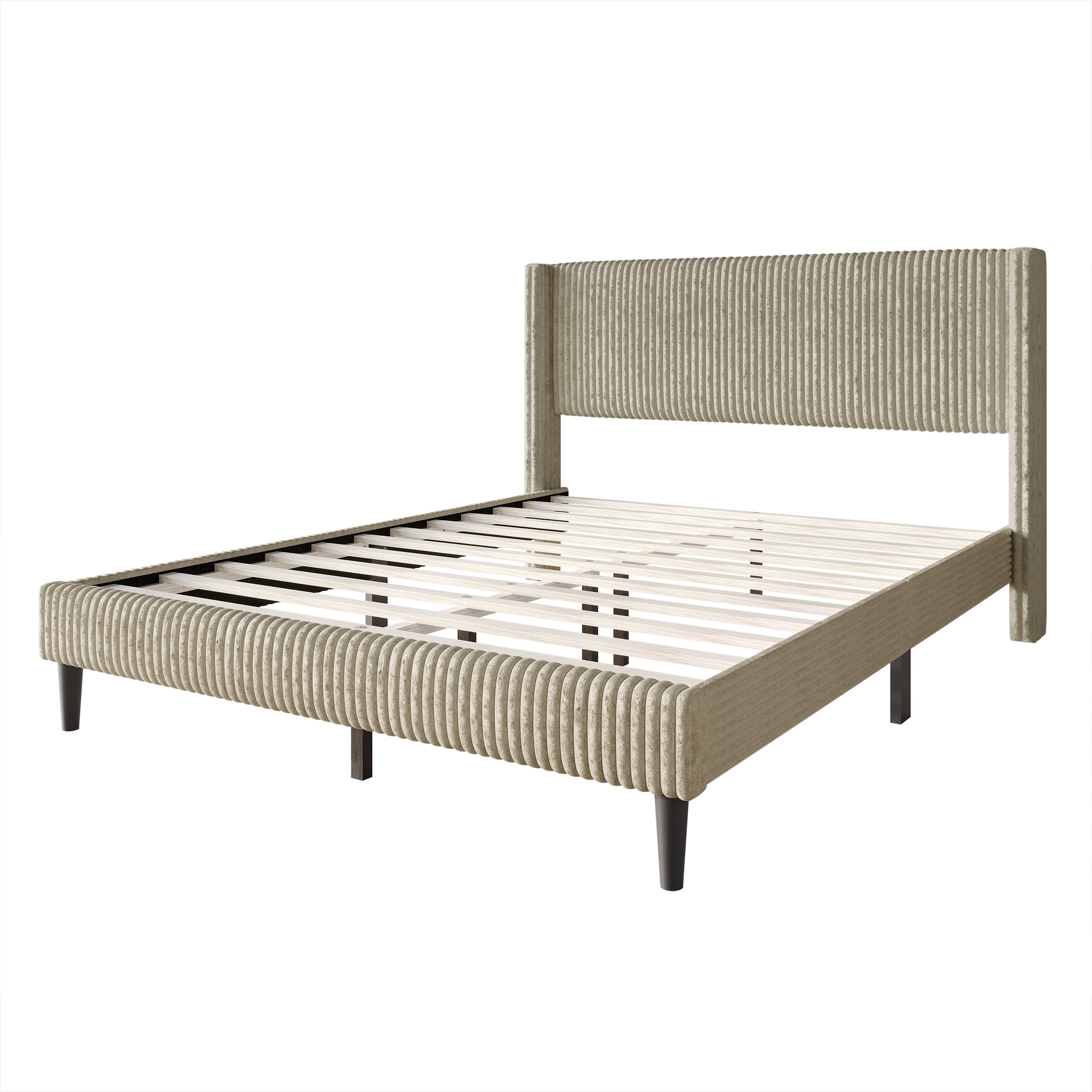 Castle Place Modern Wingback Corduroy Velvet Upholstered Twin Platform Bed, Beige