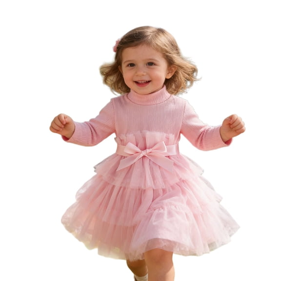 Girls Dresses,Party Dress Elegant Long Sleeve High Neck Solid Color Tiered Design Girls Autumn Gown for Holiday Celebrations Festive Events,Holiday Dress,Pink,6-9 Months