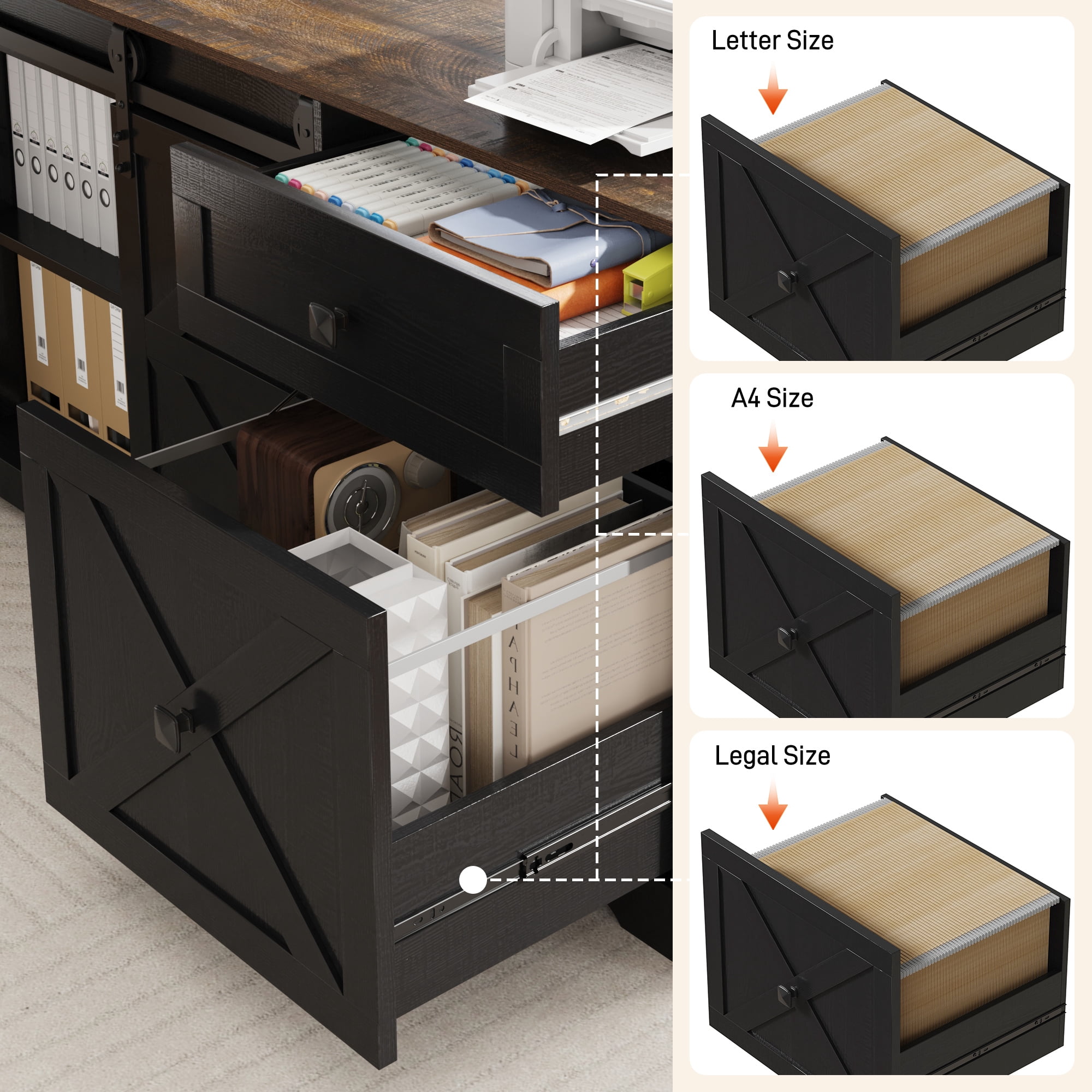 ANPOO 63" Farmhouse L Shaped Electric Standing Desk, Height Adjustable Corner Desk with Power Outlets, Storage Drawers and Adjustable Shelves, Standing Elegant Computer Desks for Home Office, Black