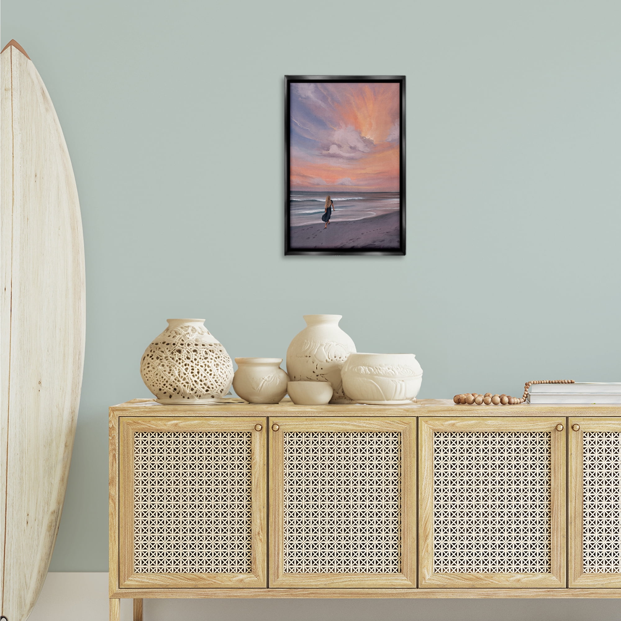 Stupell Industries Sunset Beach Walk Nautical & Beach Painting Black Floater Framed Canvas Art Print Wall Art, 17 x 25