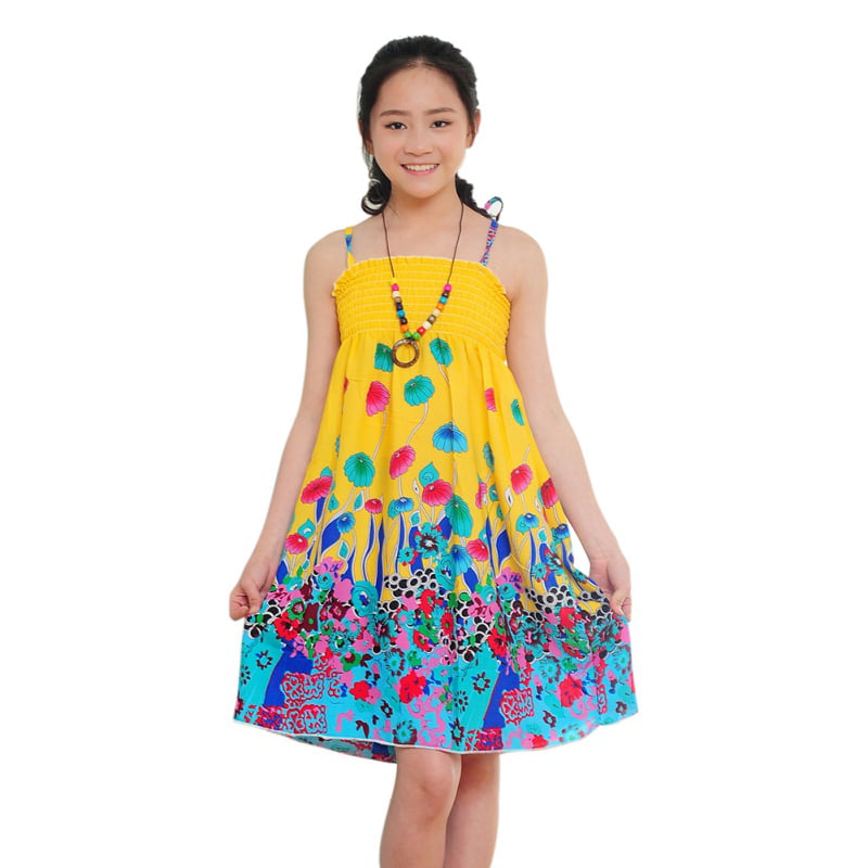 Kids Girls Floral Print Mini Strappy Dress Princess Party Beach Holiday Sundress 