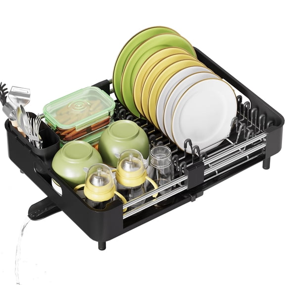Dish Drying Rack, Kingrack Extendable Dish Rack for Kitchen Counter, Foldable Stainless Steel Space-Saving Dish Drainer