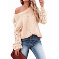 thumbnail image 2 of Women Fall Sweaters Crochet Long Sleeve Off the Shoulder Clothes Cute Crewneck Knit Pullover Tops Apricot M, 2 of 8