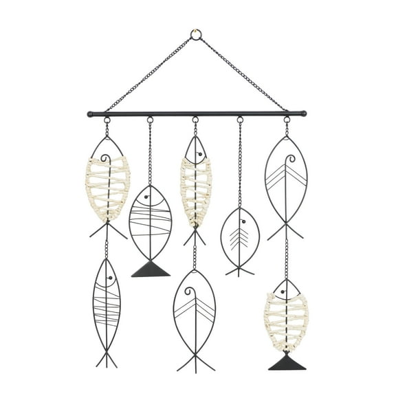 DecMode Black Metal Indoor Outdoor Wire Fish Wall Decor with Rattan Accents