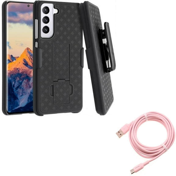 10ft Long USB-C Cable w Case Belt Clip for Samsung Galaxy S21 FE 5G - Pink Charger Cord Power Wire, Holster Swivel Cover