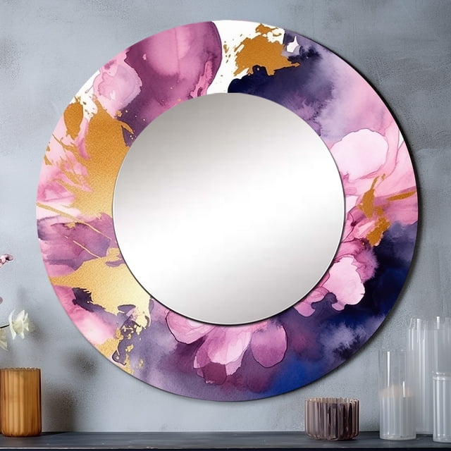 Designart "Têtes en Violet et Rose" Fractals Violets Grand Miroir Rond - Miroir Rond Décor Mural - Miroir Imprimé Charmant 29 Pouces x 29 Pouces Pouces