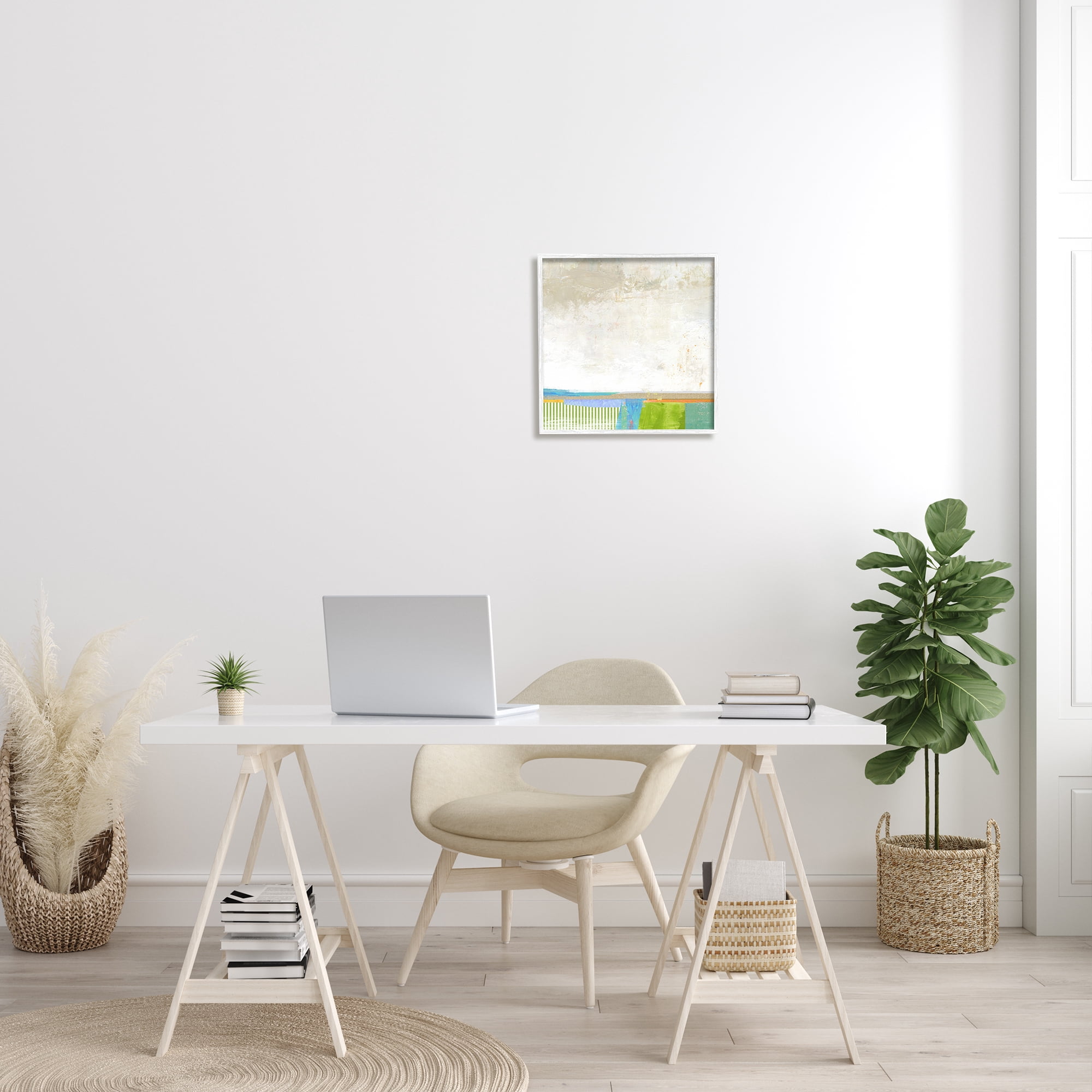 Abstract Geometric Open Landscape Green Blue Beige Abstract Framed Art Print Wall Art, 17x17