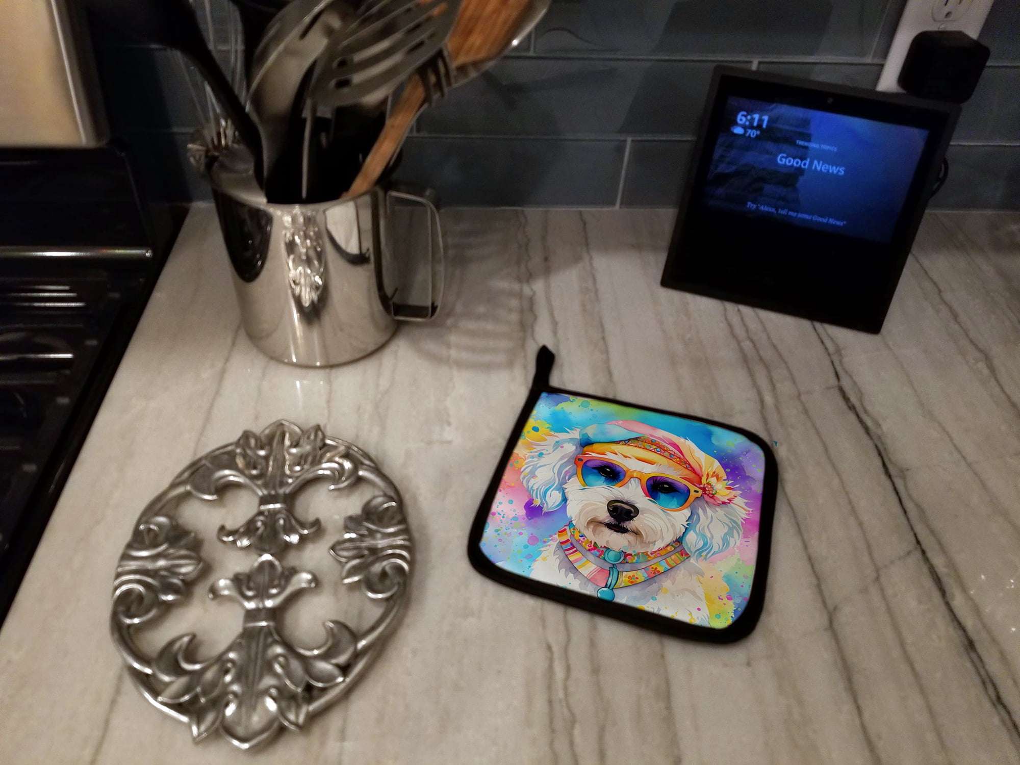Bichon Frise Hippie Dawg Pair of Pot Holders 7.5 in x 7.5 in