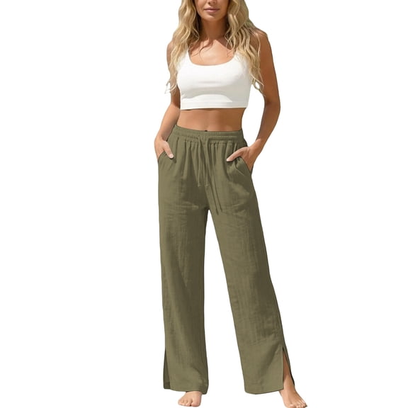 hoksml Women's High Waist Wide Leg Pants, Casual Drawstring Linen Pants with Pockets and Side Slits