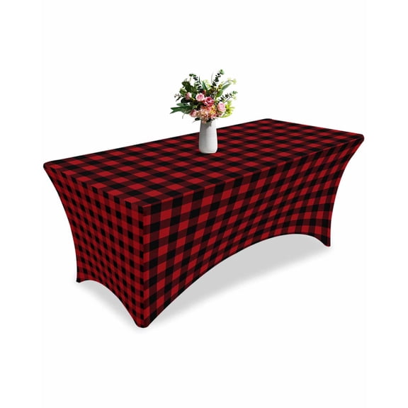 Fitted Tablecloth 6ft Christmas Buffalo Plaid Rectangular Tablecloths Stretch Spandex Table Cover Washable Elastic Red and Black Checkered Table Cloth Protector for Dinner Party Wedding Banquet