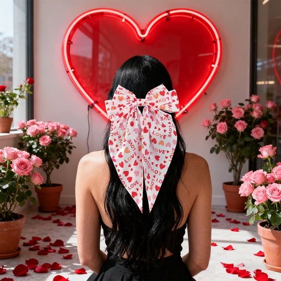 LWVITH Valentine‘s Day Heart Bow Hair Clip for Women - Spring Grip Updo Clip for Back of Head, Romantic Hair Accessory with Ribbon for Date Night and Special Occasions