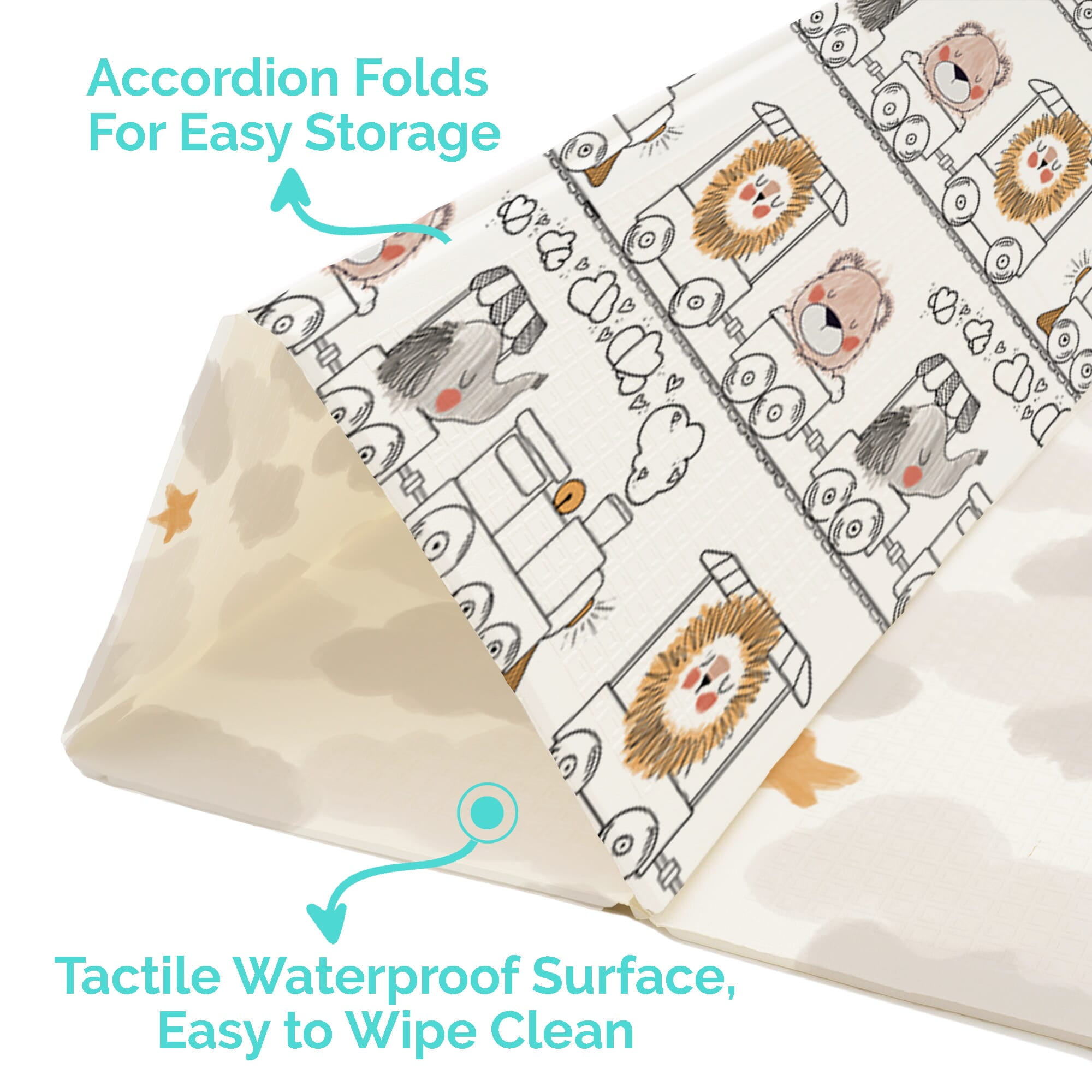 JumpOff Jo Large Foldable Kids Foam Play Mat, Padded Baby Floor Mat, 70 x 59 in - Zoo Train