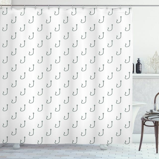 Ambesonne Sketch Shower Curtain, Sealife Anchor Fish Hook, 69"Wx84"L, Grey and White