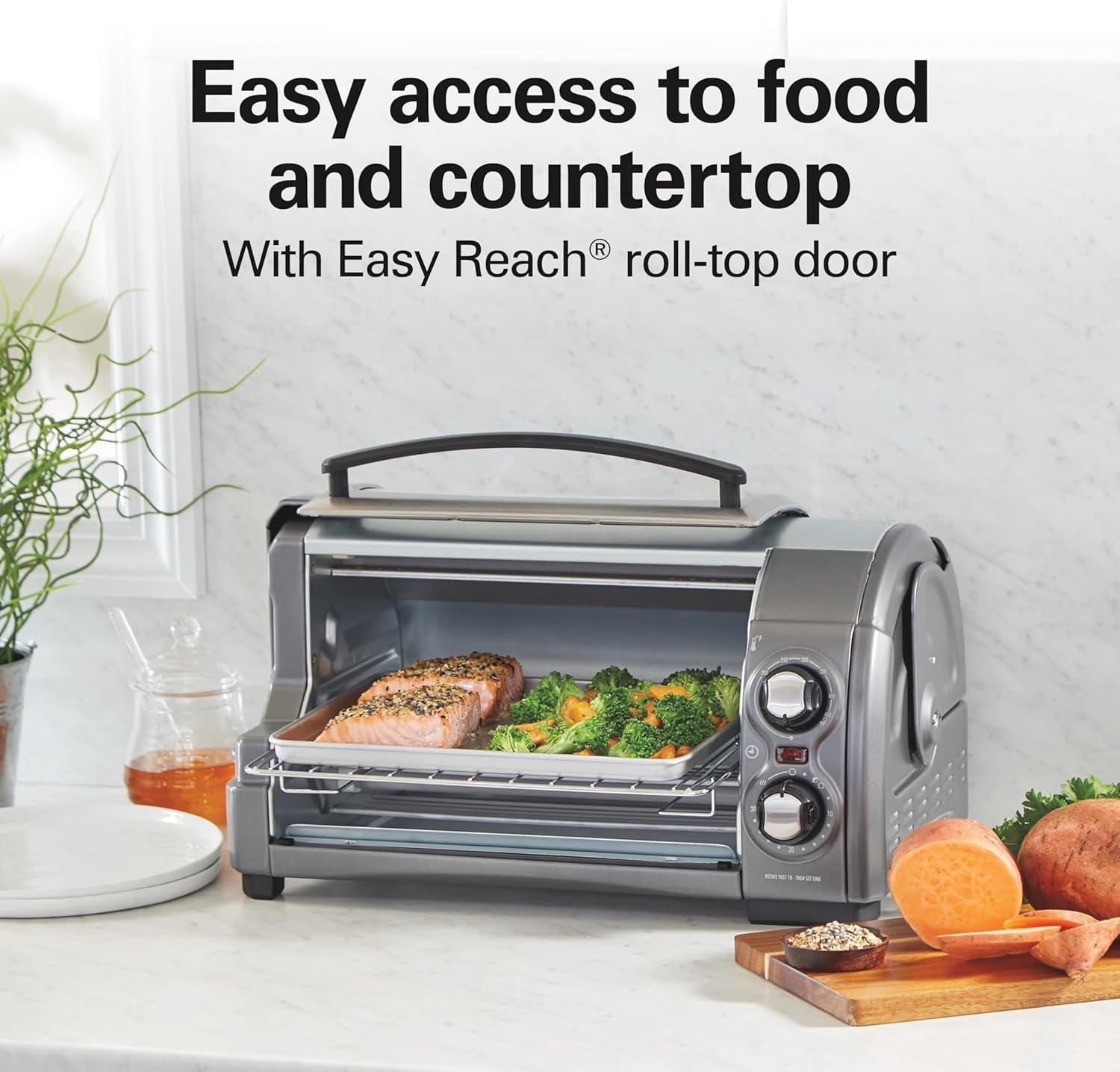 4- Toaster Oven with Roll-Top Door, 1200W, Fits 9" Pizza, Bake Broil Toast