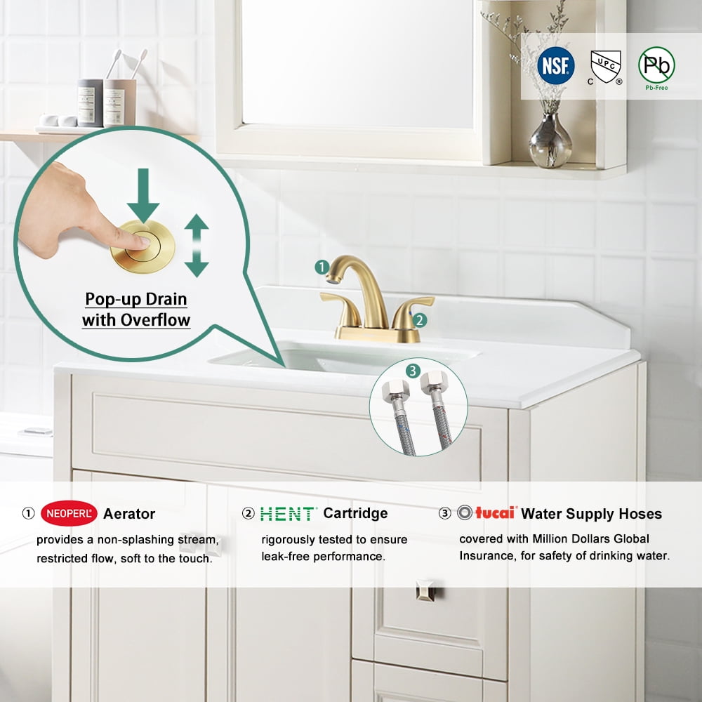 PARLOS Centerset Two-Handle Bathroom Sink Faucet with Metal Drain Assembly and Supply Hose,Brushed Gold