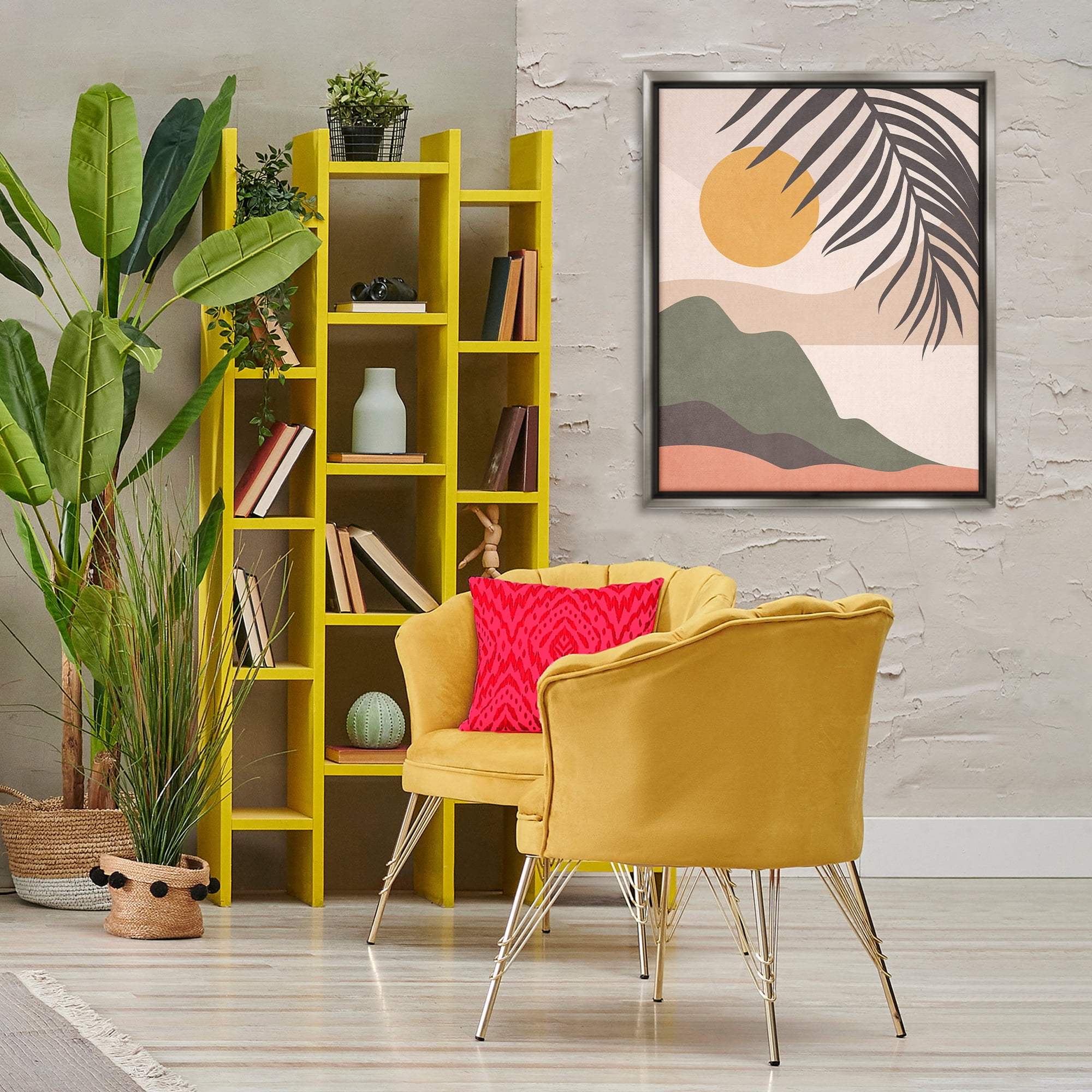 Stupell Industries Tropical Boho Scene Landscape & Nature Painting Gray Floater Framed Canvas Art Print Wall Art, 25 x 31