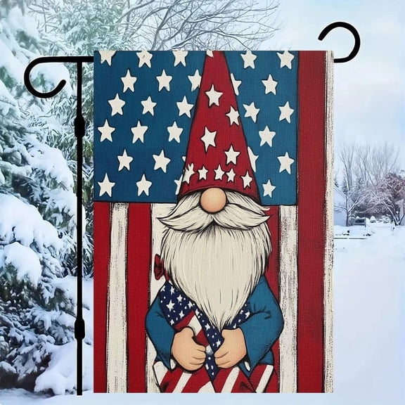 RKSupls Patriotic Linen Double Sided Garden Flag, Independence Day Themed Yard Decor, Patriotic Gnome Holding Flag Outdoor Banner for Holiday Lawn