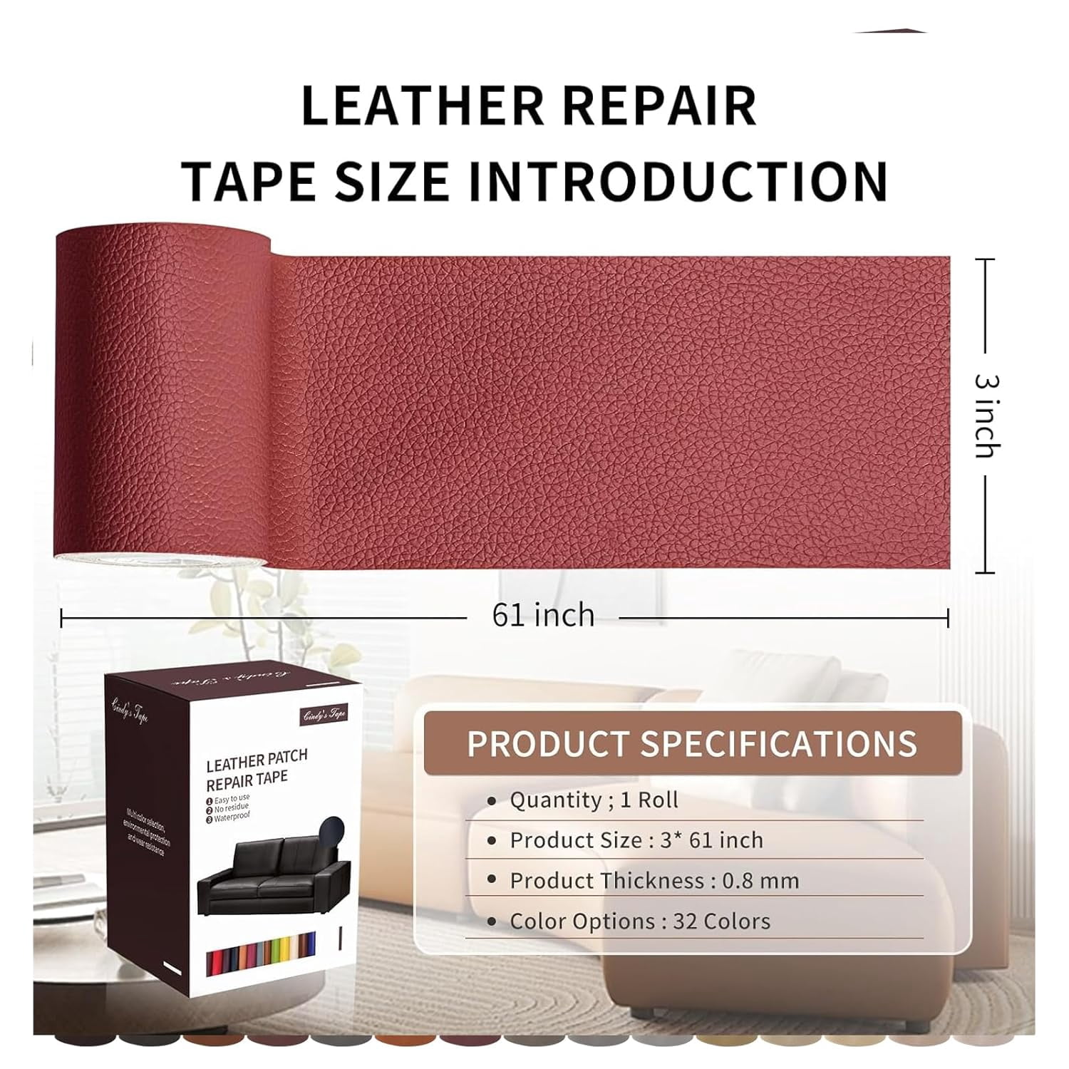 Leather Repair Patch Tape, Claret Burgundy 3 x 61 Inches Self Adhesive Leather Repair Kit for Furniture, Car Seat,Vinyl Leather Repair Kit for Office Chairs, Couch, Sofa, Luggage
