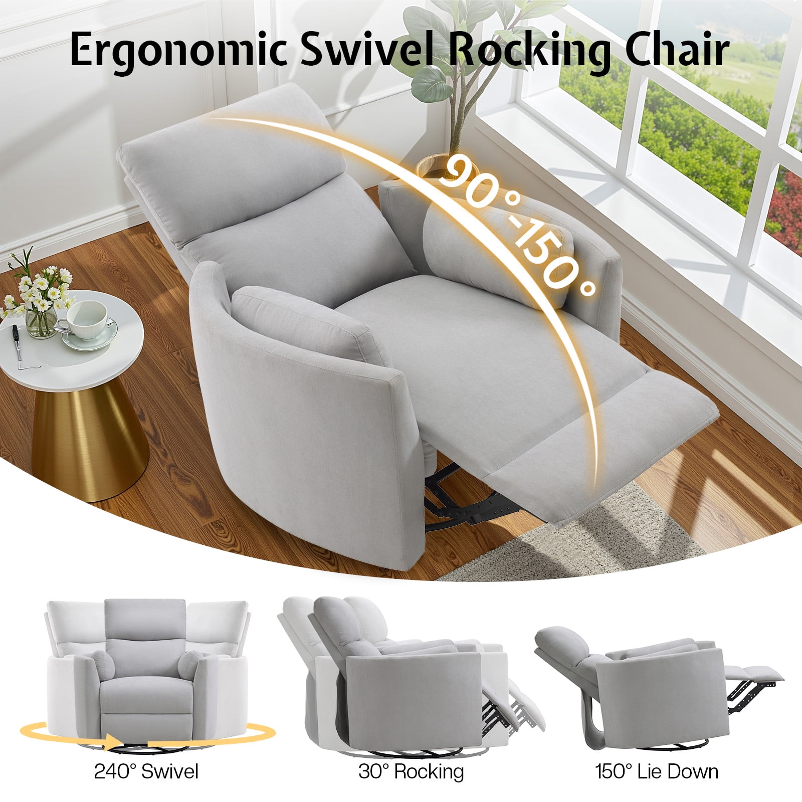 Merluxy Power Swivel Recliner Chair with USB Charging & 2 Pillows, Glider Rocker for Nursery and Living Room, Grey Fabric