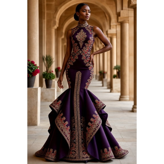 Women's Purple and Gold Mermaid Maxi Silhouette Evening Gown with Mock Neck and Sleeveless for Wedding Guest, Prom and Evening Party