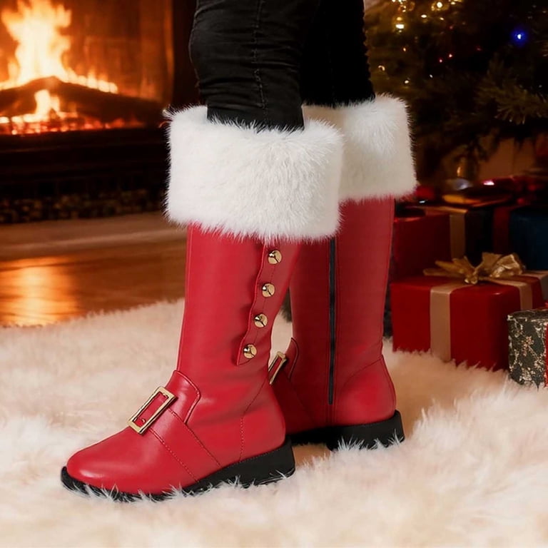 Gyexs Santa Boots Women Men Christmas Shoes Wide Calf Furry Suede