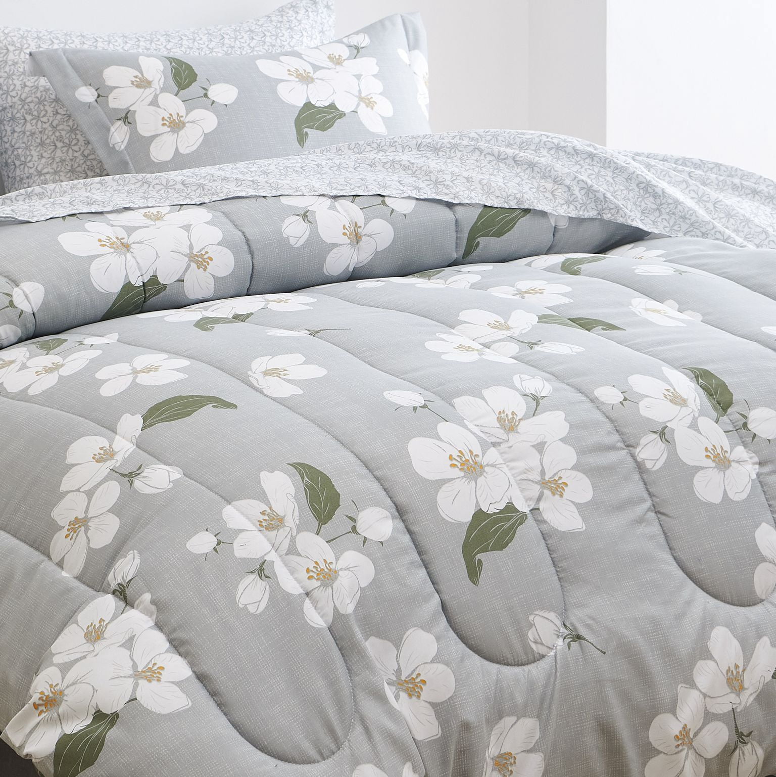 Madison Luxe 8-Piece Comforter Set: 1 Comforter, 4-Piece Sheet Set, 2 Shams, 1 Decorative Pillow - Lilly Chambray Floral Gry