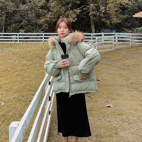 Chaqueta de algodón de plumón para mujer en invierno, corte holgado para estudiantes, estilo corto, chaqueta de pan con cuello de piel grande, chaqueta de algodón