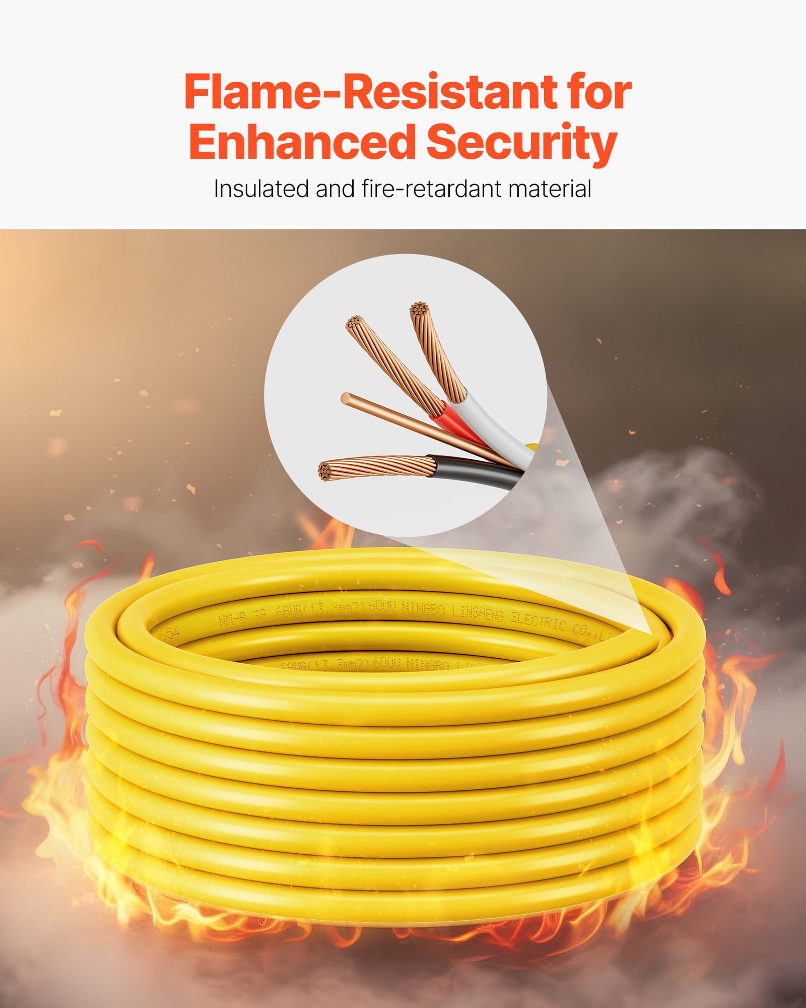 VEVOR NM-B Wire, 6AWG/3C Non-Mettalic Residential Indoor Electrical Wire with Ground, PVC Sheathed High-Purity Copper Core Cable, for Outlets, Switches, Other Loads & Lighting Wiring Projects