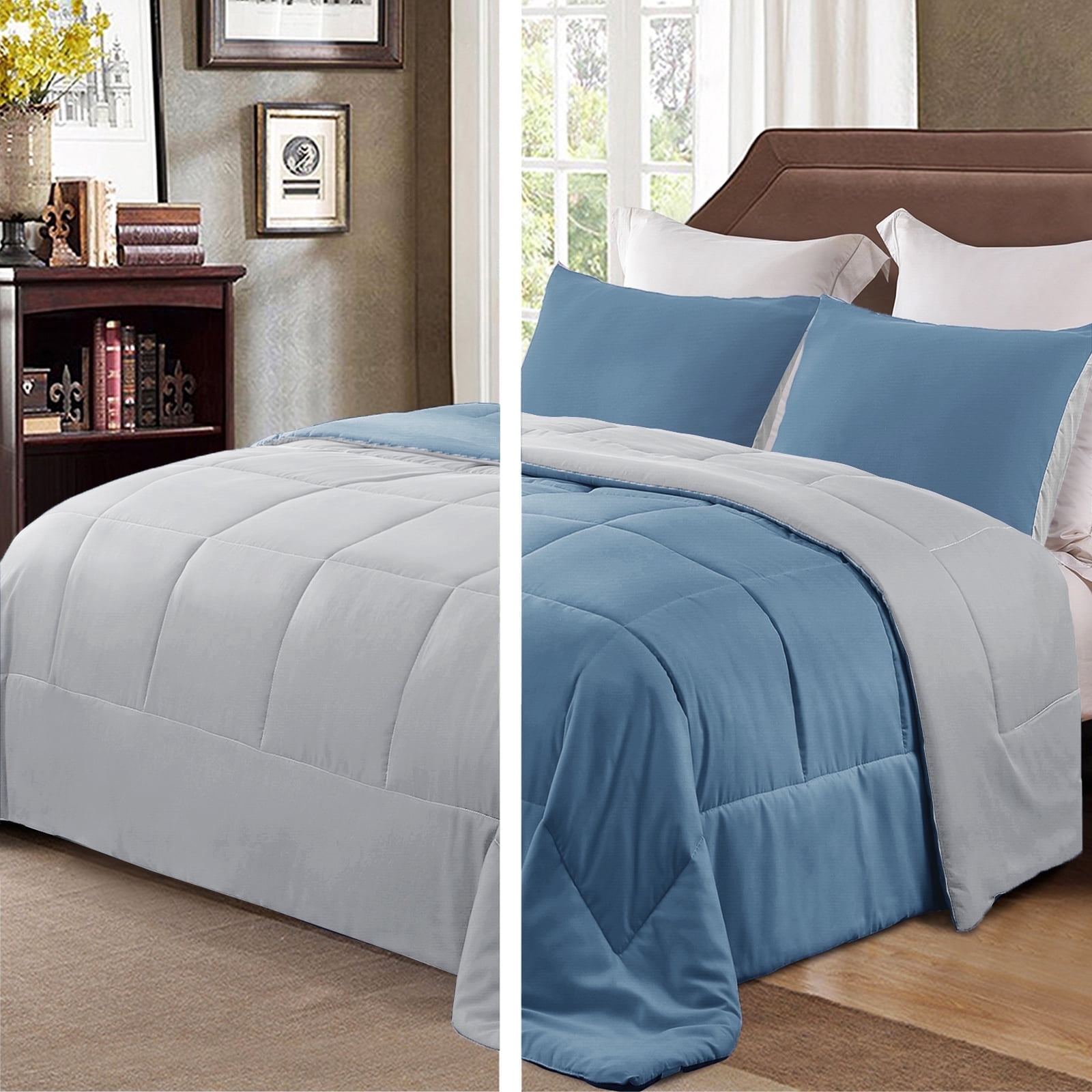 Exclusivo Mezcla Lightweight Reversible 3-Piece Comforter Set All Seasons, Down Alternative Comforter with 2 Pillow Shams, Queen Size, Bluish Grey/Light Grey