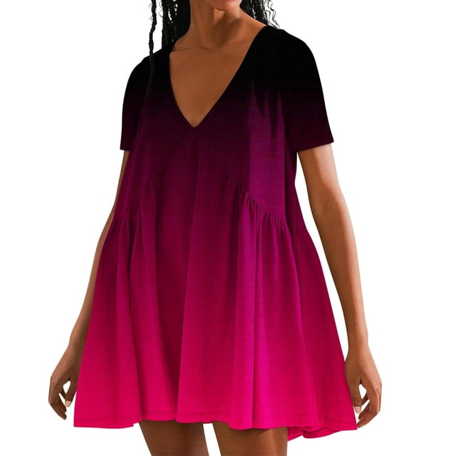 Pisexur Robes d'Été pour Femmes Robe Midi Dégradée Colorée Élégante Robe Décontractée Fluide Mini Robe Manches Courtes Col en V Profond Robe T-Shirt Mode