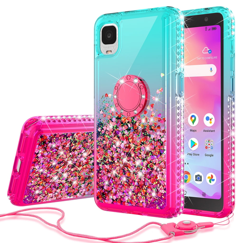 Liquid Quicksand Glitter Cute Phone Case for Alcatel TCL A3 A509DL / TCL A30 Case Ring Kickstand for Girls Women Clear Bling Phone Case Cover - Pink/Teal - Walmart.com