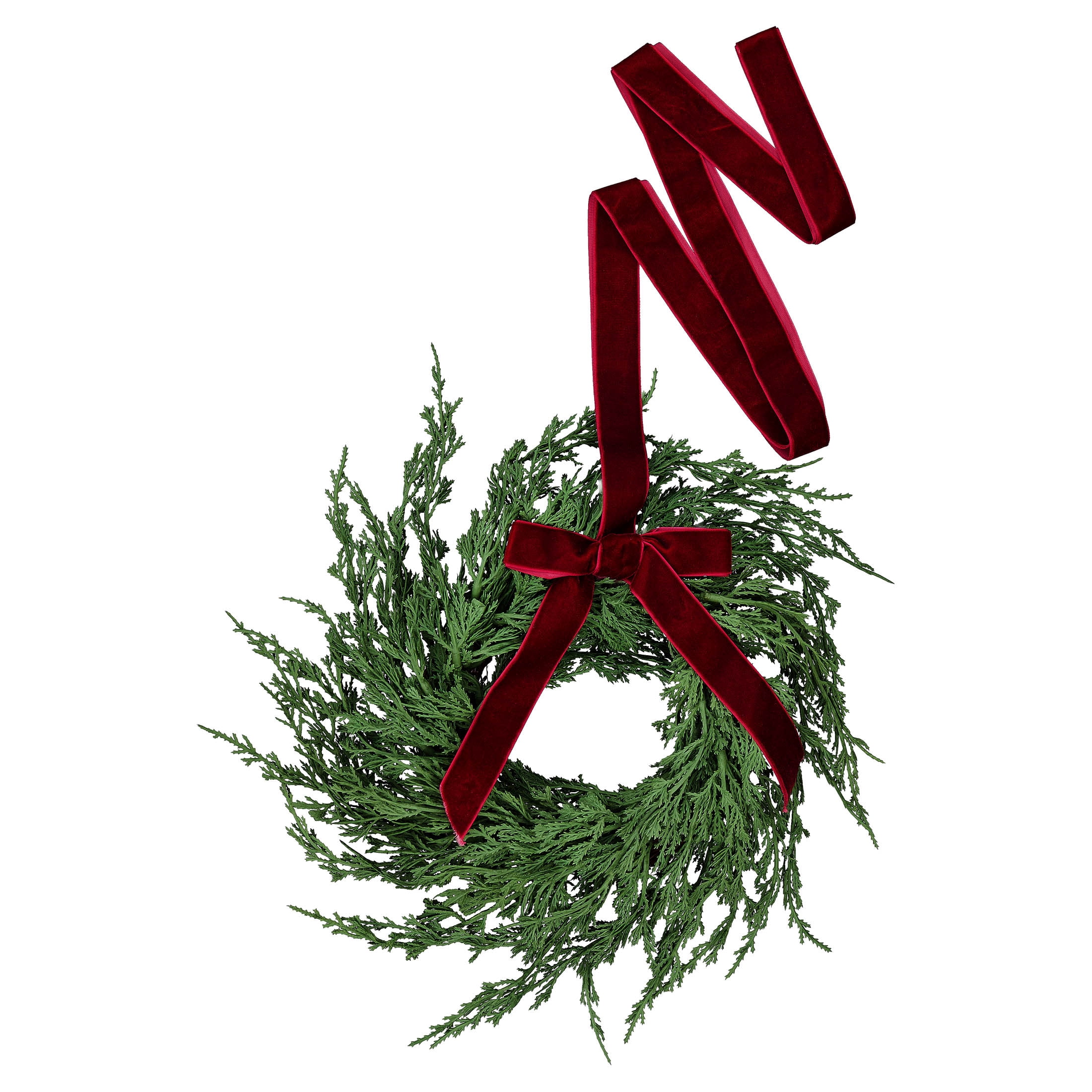 My Texas House Evergreen Artificial Christmas Wreath with Velvet Ribbon, Green and Red, 12"