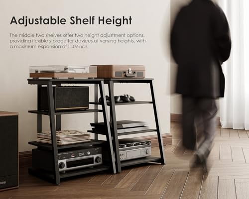 FITUEYES 4-Tier AV Media Stand Corner Shelf for Record Player, Adjustable Wooden Shelves, Black