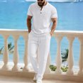 thumbnail image 2 of Men's Short Sleeve Outfits Waffle Knit Henley Shirt and Long Pants Set Casual 2 Pieces Summer Beach Tracksuits with Pockets Big and Tall Size S-3XL White, 2 of 5