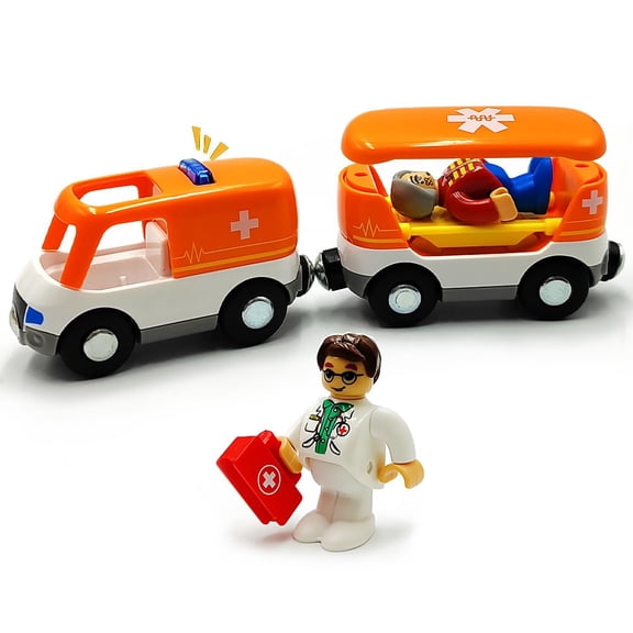 HYPERLIVING Magnetic Trains Cars Playset Wooden Train Track Accessories Train Set for Toddlers 3-5 Wooden Train Sets for Boys Ages 3-4-7 (Ambulance (with Light and Sound))