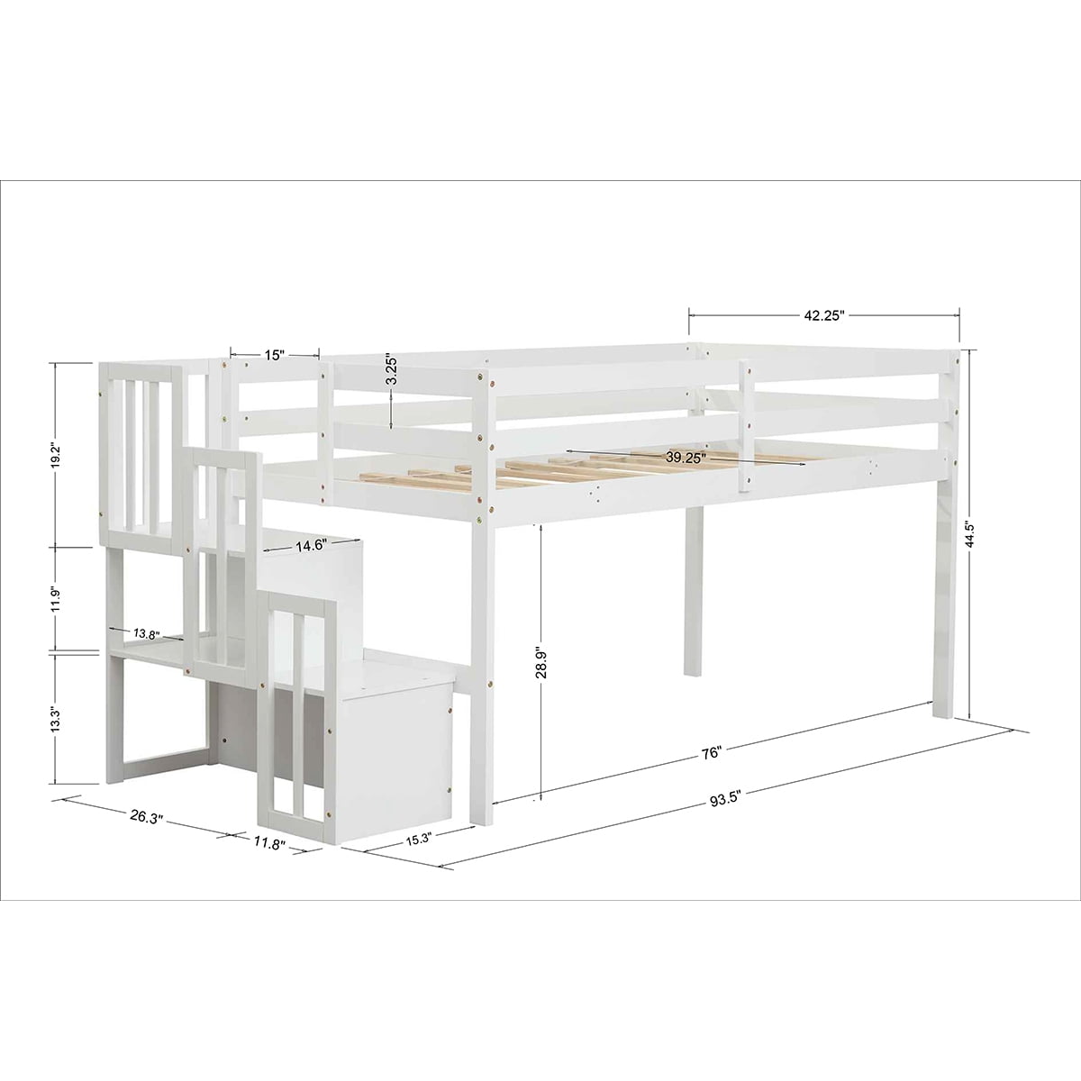 Private Jungle Loft Bed with Staircase, Storage, Full-length Safety Guardrails, No Box Spring Needed, White Private Jungle Loft Bed with Staircase, Storage, Full-length Safety Guardrails, No Box Spring Needed, White