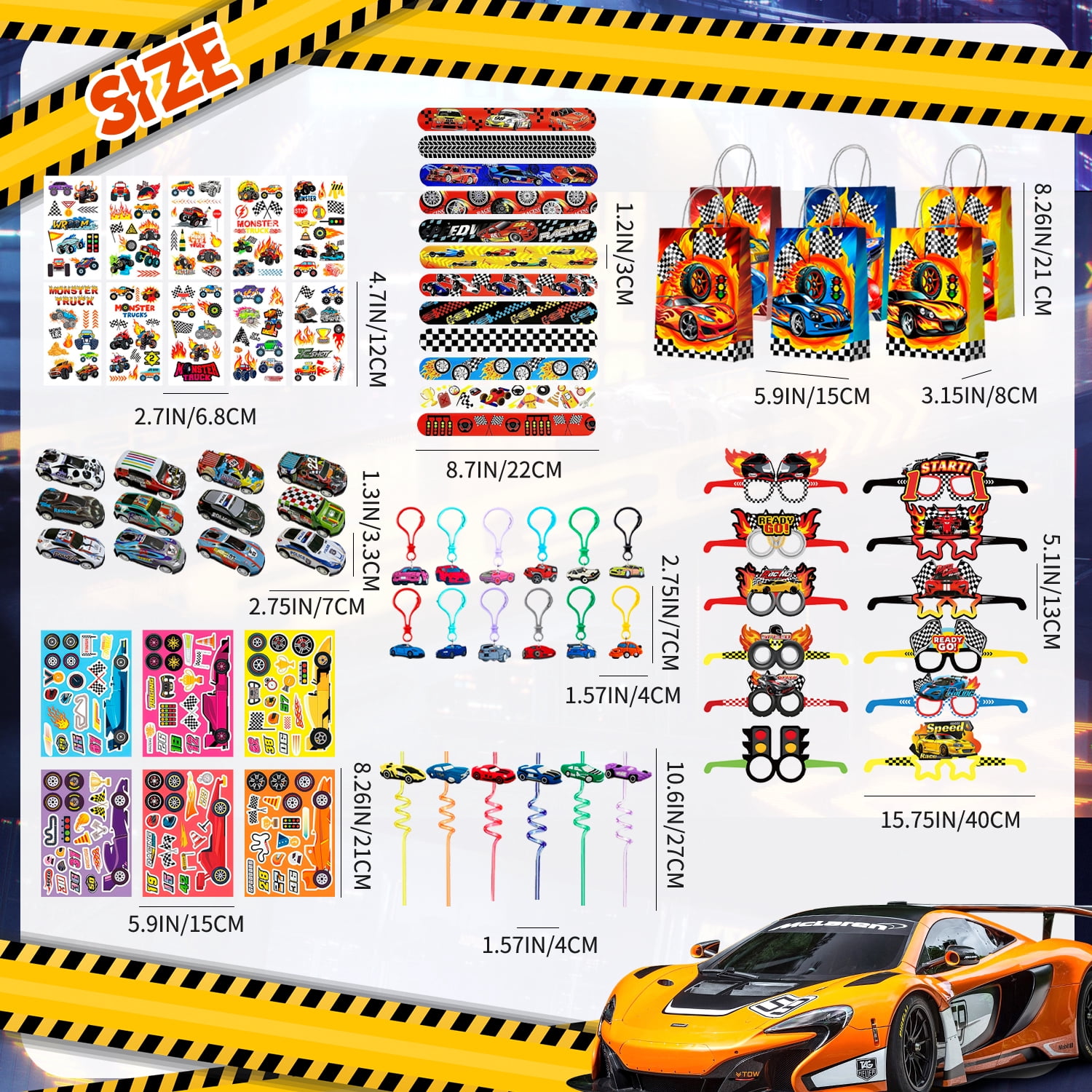 96Pcs Race Car Party Favors, Race Car Birthday Favors Set- Race Car Goodie Bags Key Chains Stickers  3D Puzzle etc Race Car Party Supplies for Race Car Birthday Decorations