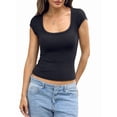thumbnail image 2 of Women Cotton Ribbed Scoop Neck Short Sleeve Shirts Cap Sleeve Slim Fit T-Shirt Basic Summer Going Out Top, 2 of 9