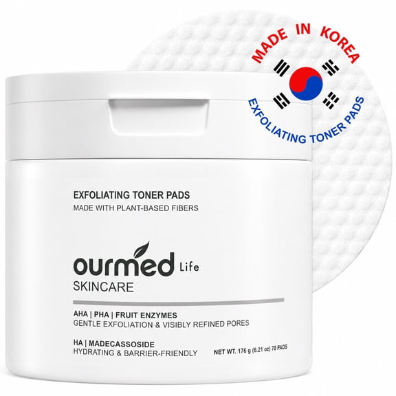 Ourmed Life 70Ct Exfoliating Toner Pads with PHA Pore Tightening Skin Resurfacing Peeling Pads Dual-Sided Korean Skincare for Sensitive Oily Acne-Prone