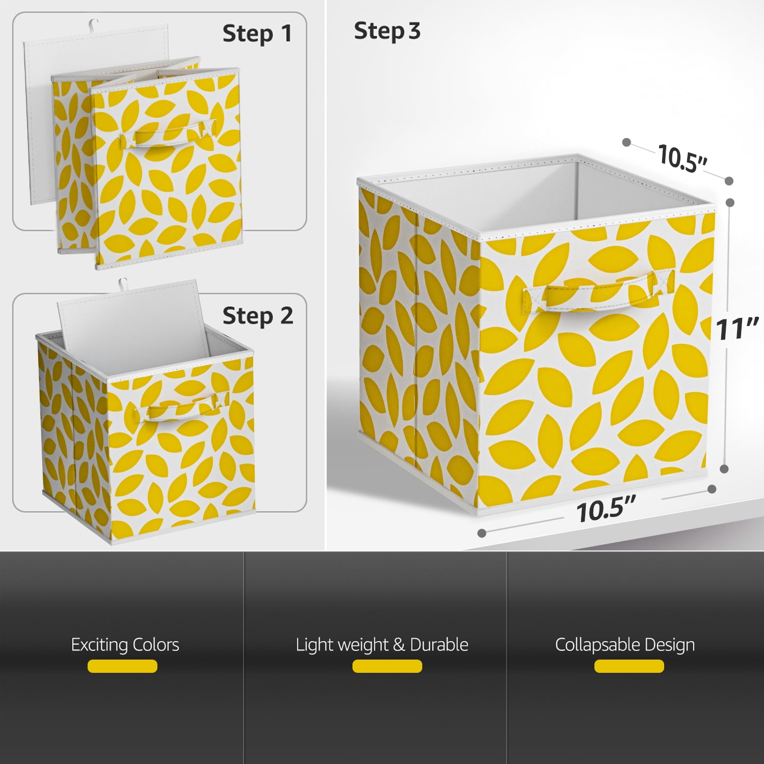 Sorbus 6-Pack 11-Inch Foldable Storage Cubes with Handles, Yellow Floral Petal Print Organizer Bins
