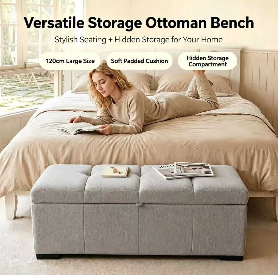 Modern Bed End Bench 47.2 Inch, Upholstered Storage Ottoman for Bedroom and Living Room, Rectangular Storage Bench for Entryway and Office, Dark Gray