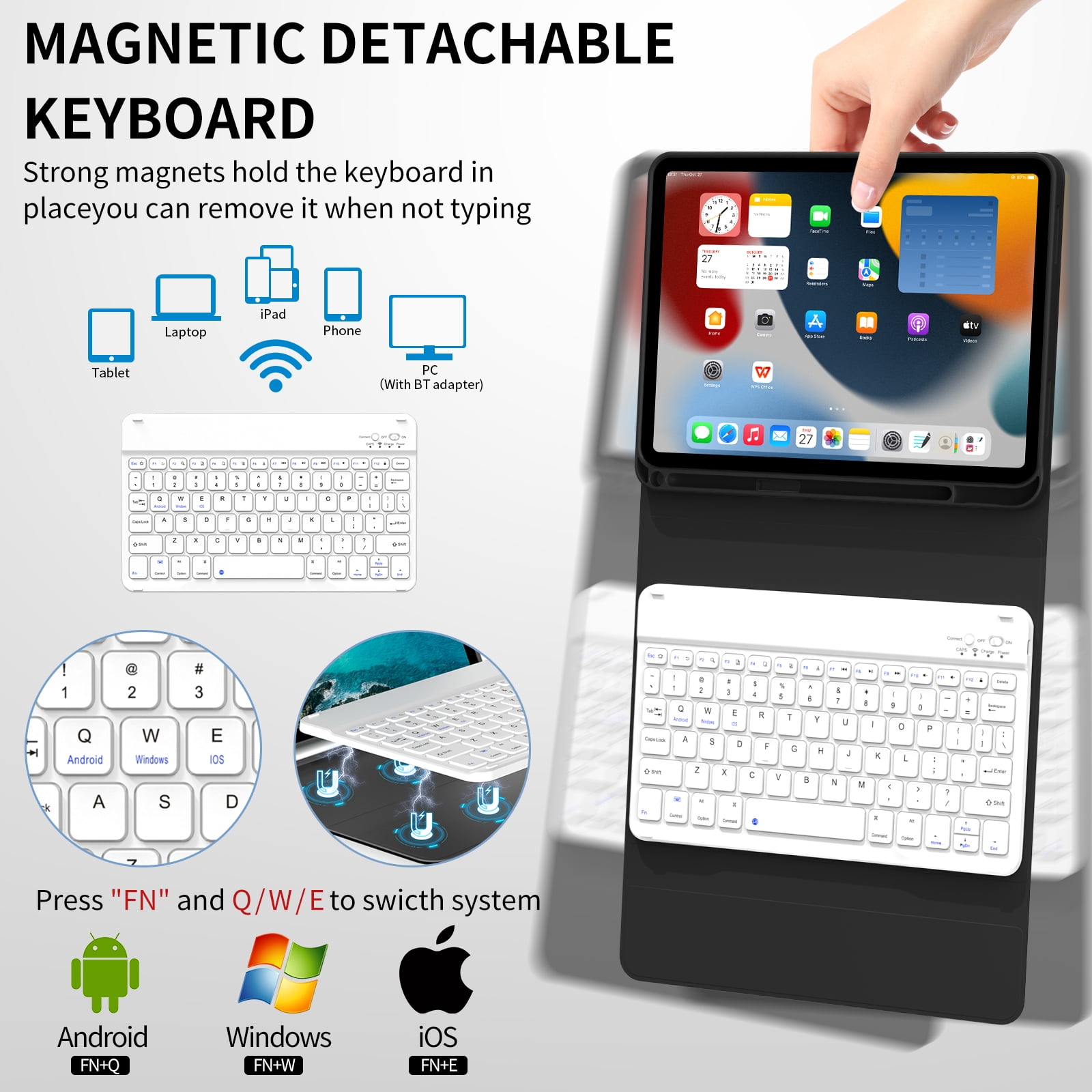 Aoub Keyboard Case for iPad 11th 10th Generation 2025 2022 A16 with Pencil Holder Magnetic Detachable Wireless Bluetooth Rechargeable Keyboard Cover for iPad 10th 10.9 inch/11th 11 inch, Black
