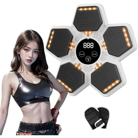 RKXQT Music Boxing Machine, Wall Mounted Boxing Machine with Boxing Gloves, LED Light, Electronic Focus Agility Training Digital Musical Boxing Set, Smart Music Boxing Machine for Home, Gym Black (Wh