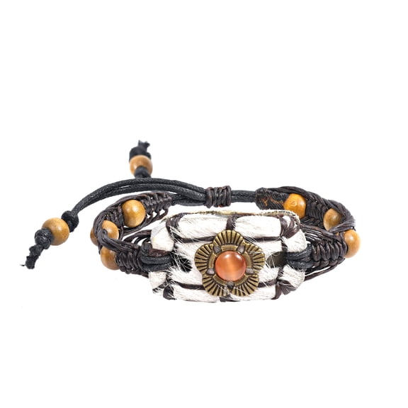 Vintage Calf Hair Animal Leather Wooden Bead Boho Adjustable Wrap Bracelet