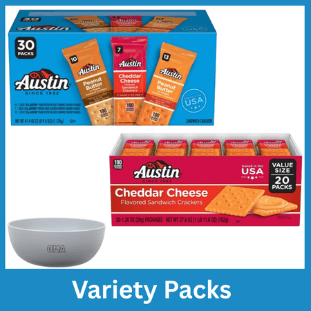 Austin Cheddar Cheese on Cheese Sandwich Crackers 20 Count & Austin Variety Pack Sandwich Crackers 30 Count Bundle with Free Bowl by OMA