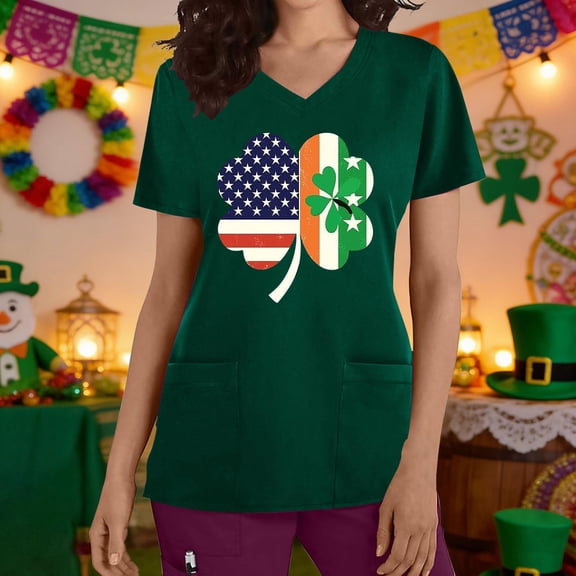 Uootdi Womens Tops Short Sleeve V Neck St Patrick's Day American Flag Shamrock Print Medical Shifts Casual Scrubs Tops Blouses Gift