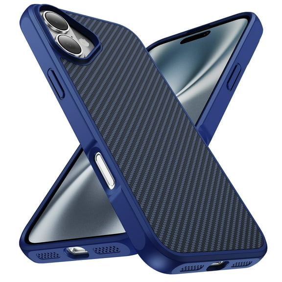 Allytechgroup Slim Carbon Fiber Texture Phone Case for Apple iPhone 16, Shockproof Soft TPU Bumper, Raised Edge Camera and Screen Protection, Lightweight Anti-Slip Cover, Blue