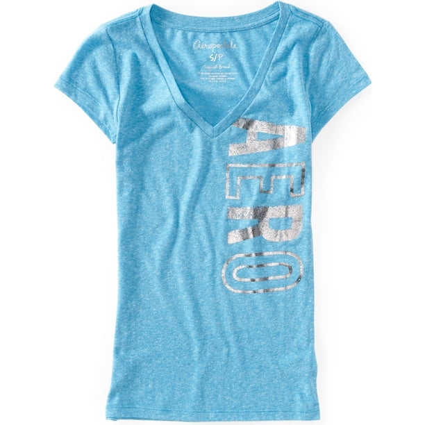 Camiseta gráfica con cuello en V Vertical Aeropostale para mujer azul pequeña