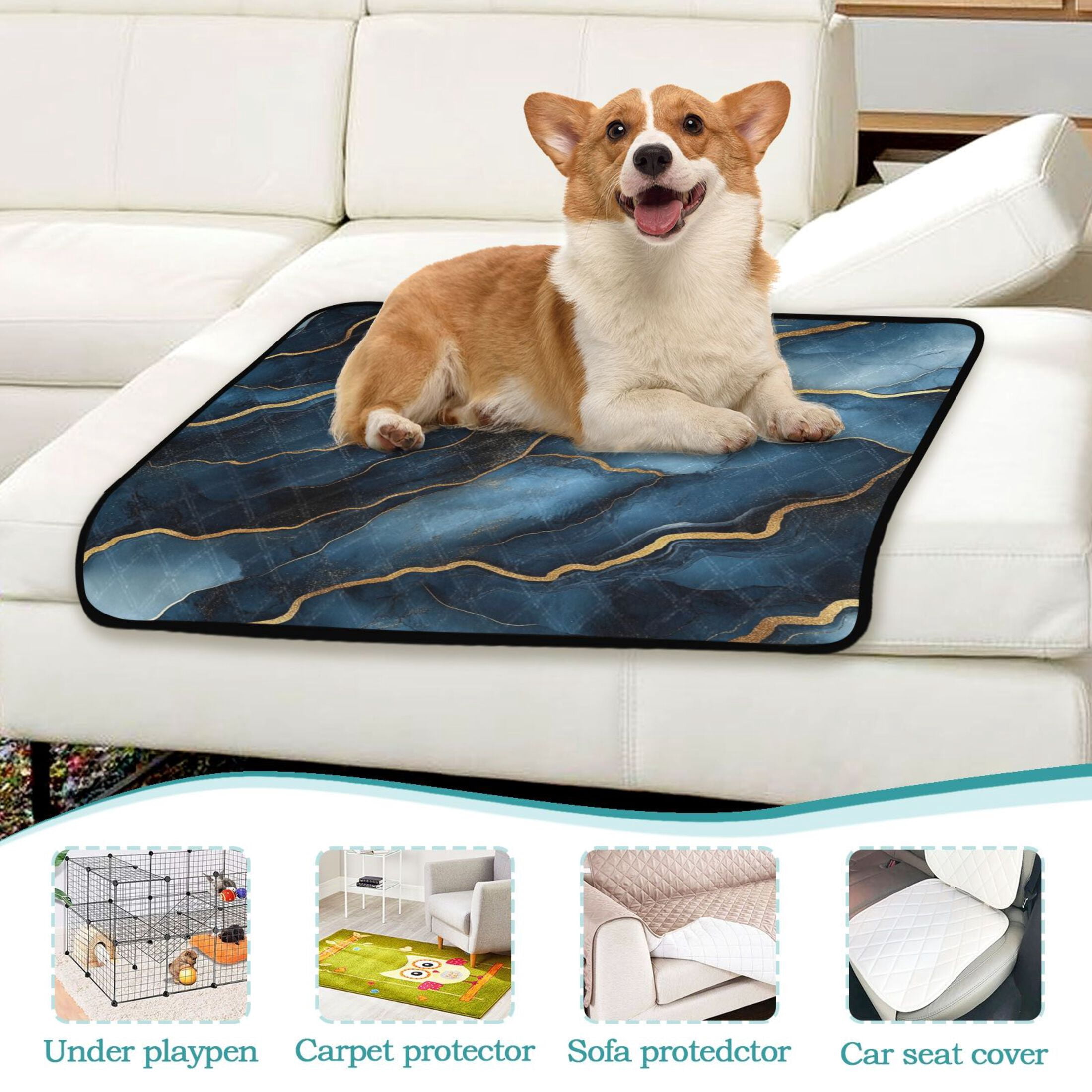 Qxltty Gilt Dark Blue Marble Cat litter Pads Pet Set of 2 Diaper Mats Center Anti-leakage Layer Absorbent Soft and Comfortable